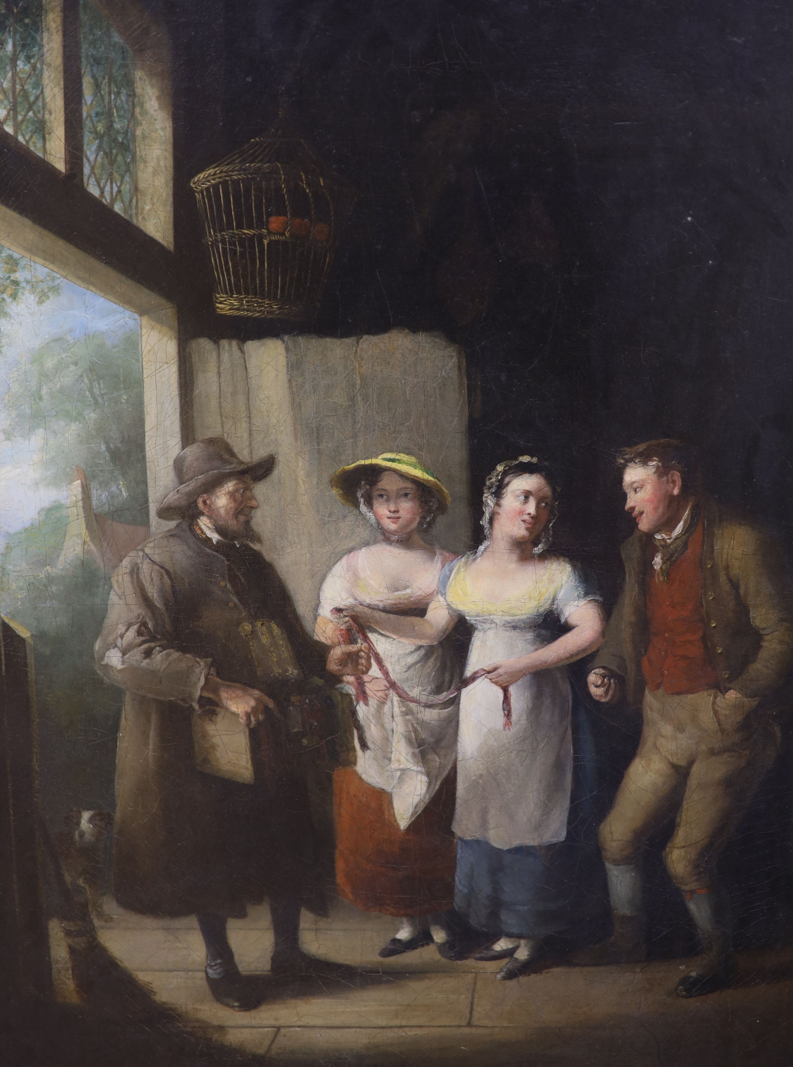 19th century Scottish school, oil on canvas, Tinker at a cottage doorway, 57 x 43 cm.